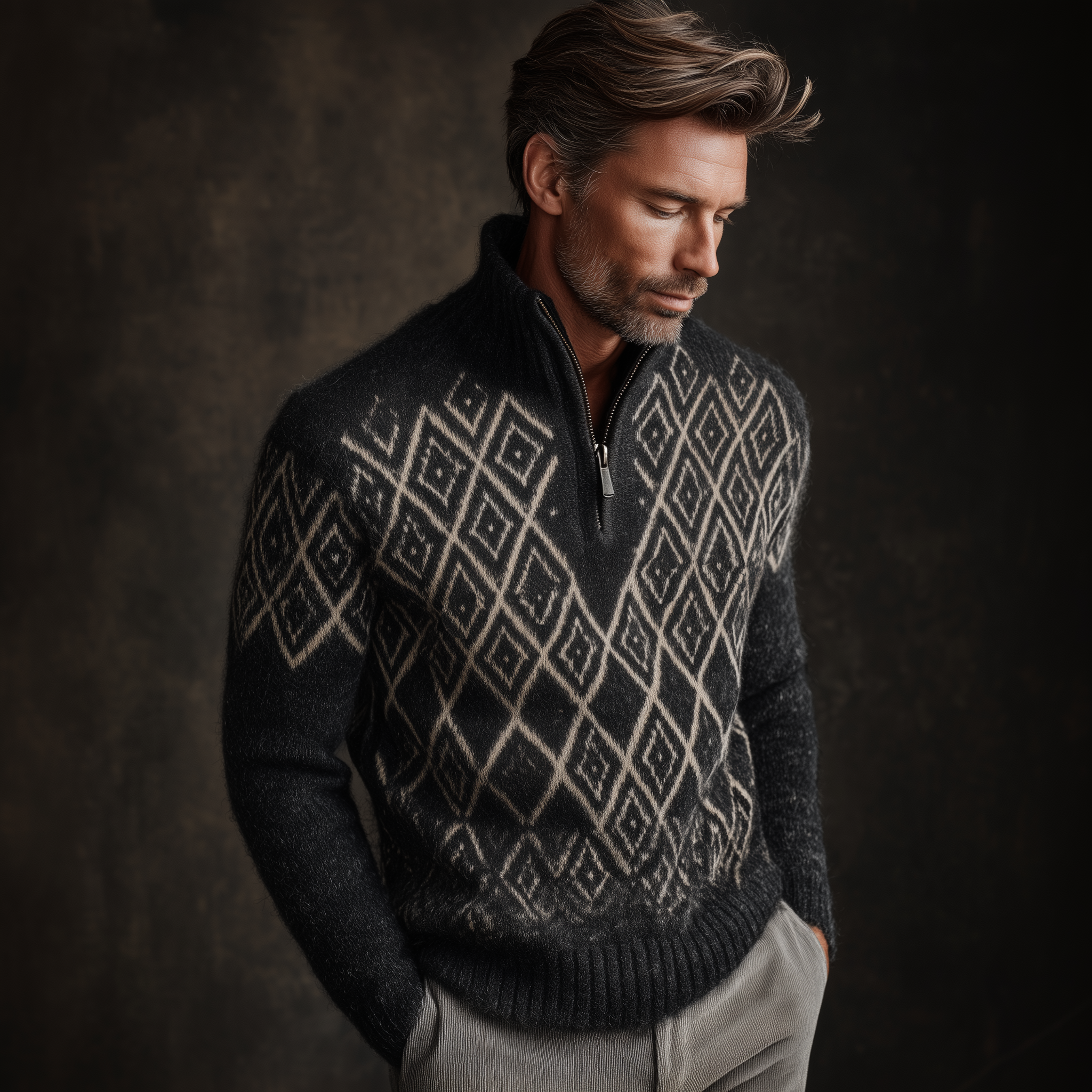 Men's Classic American Retro Stand Collar Zipper Jacquard Pattern Sweater MTA0417I8K