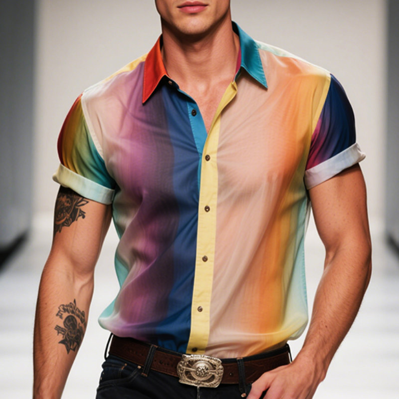 Men's Retro Casual Neon Gradient Printed Mesh Lapel Short Sleeve Shirt MTA2220E6TO