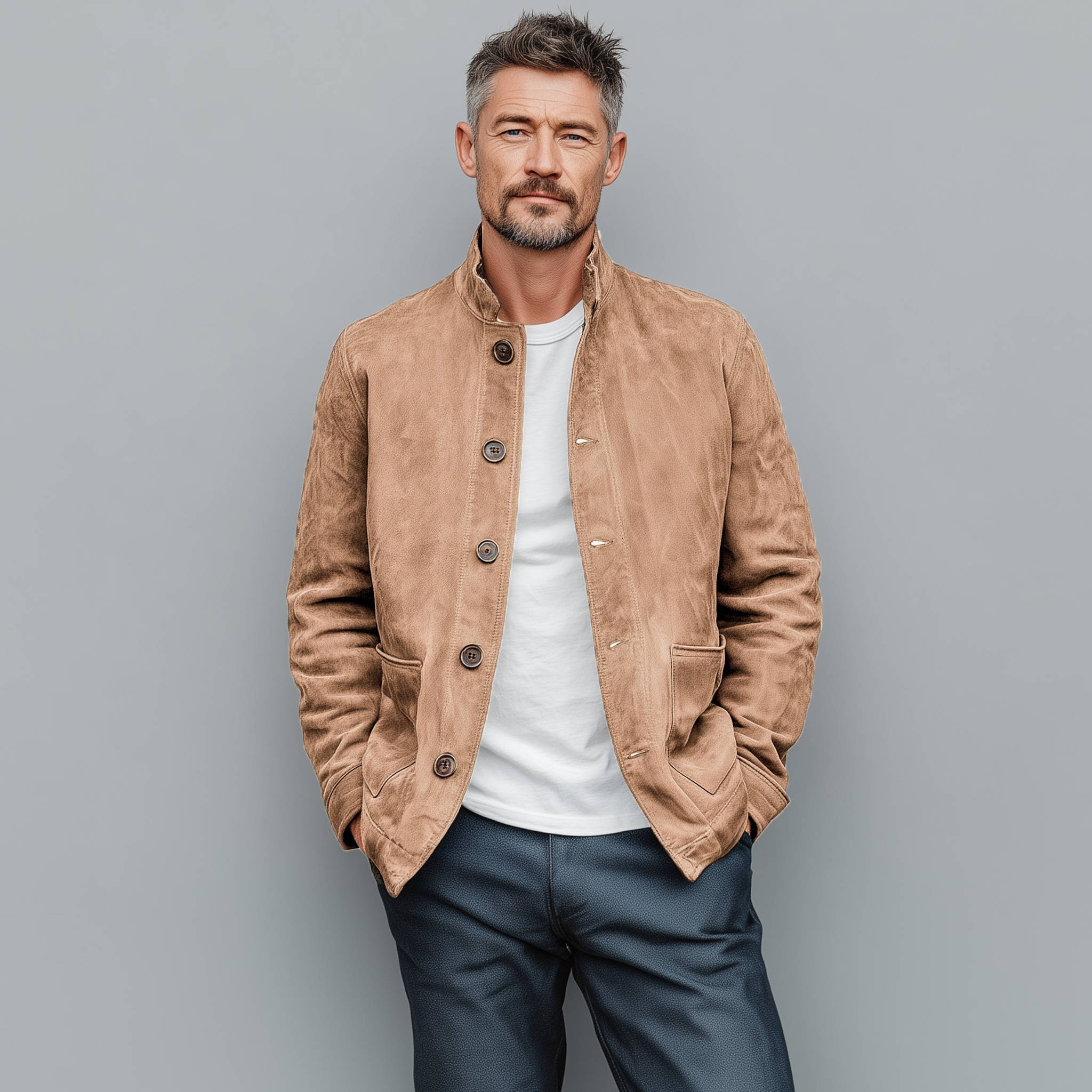 Men's Retro Casual Thin Suede Wooden Button Stand Collar Jacket MTA2517G7K