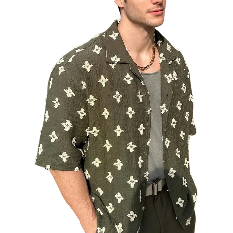 Men's Summer Textured Crochet Embroidered Short Sleeve Shirt MTA2551F3U