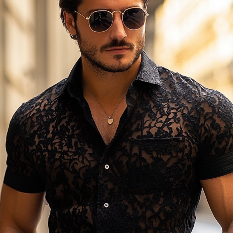 Men's Fashion Lace Lapel Short Sleeve Casual Shirt MTA1216E3Z