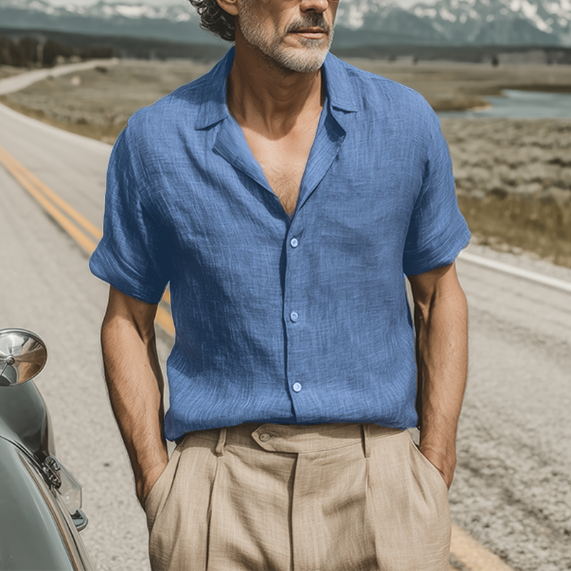 Men's Spring And Summer Classic Casual Cotton And Linen Mixed Color Texture Breathable Short-sleeved Shirt MTA1126G5K