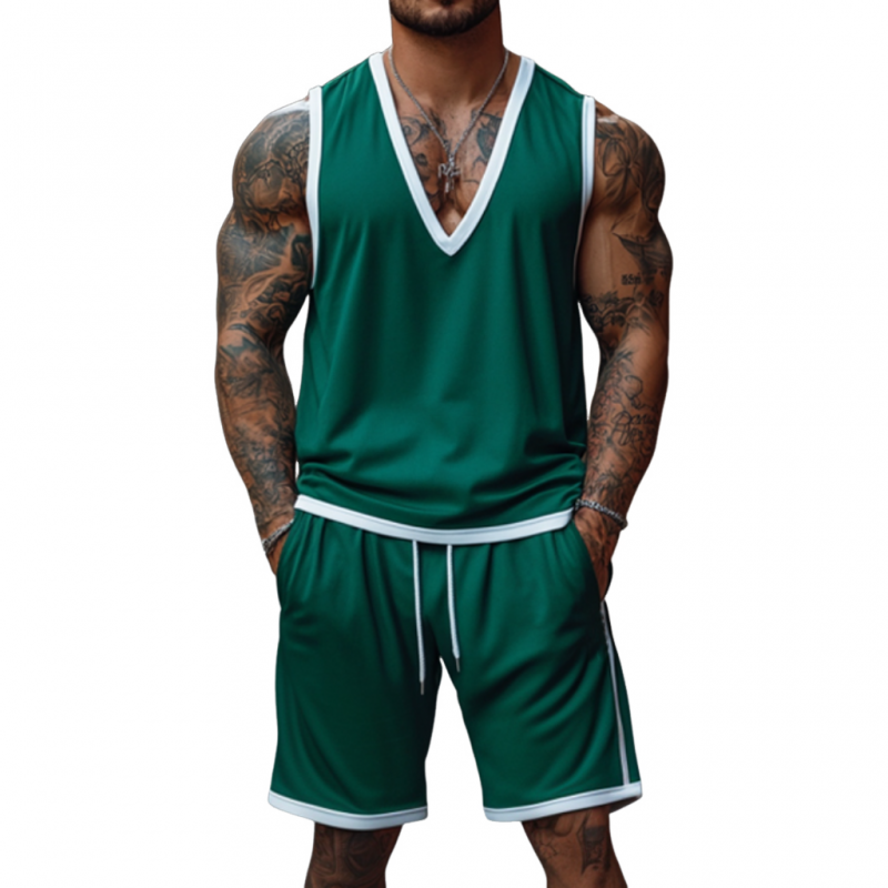 Men's Casual Colorblock Cotton V-Neck Tank Top Elastic Waist Shorts Sports Set MTA2659E1M