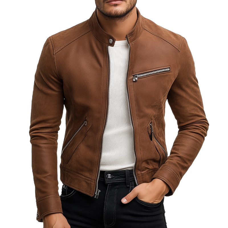 Men's Retro Stand Collar Zipper PU Jacket MTA2304I7X