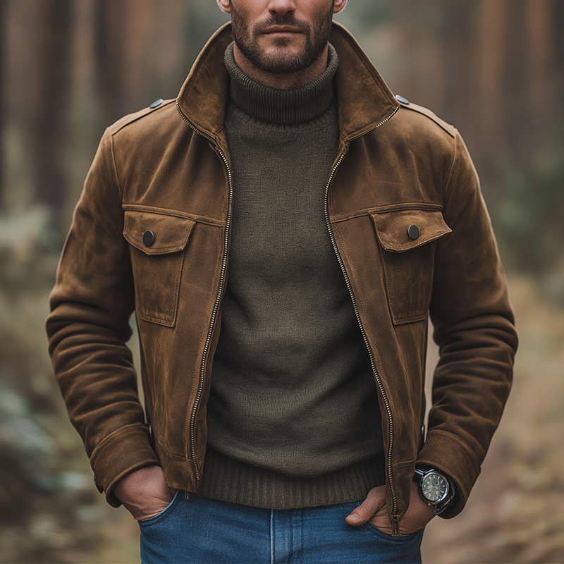 Men's Winter Retro Faux Suede Multi-Pocket Stand Collar Jacket MTA2743K3P