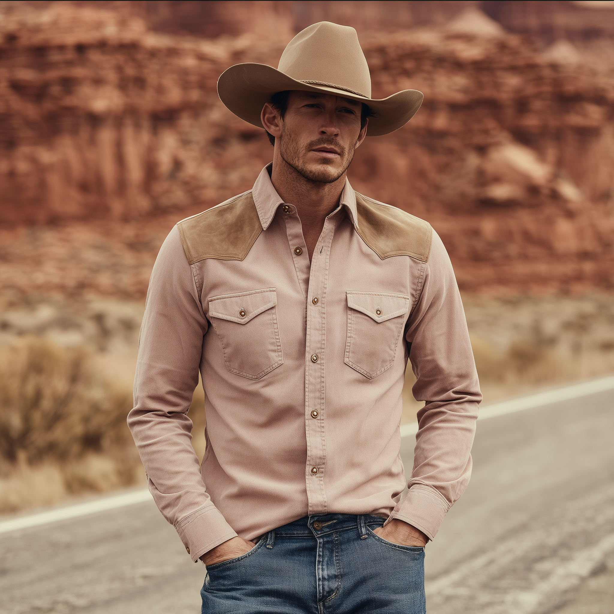 Men's Classic Retro Western Style Suede Shoulder Patchwork Pink Cotton Blend Long Sleeve Shirt MTA2220H2K