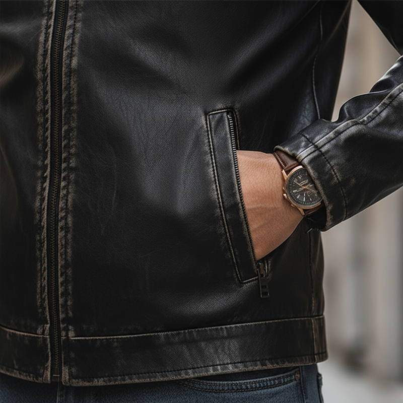 Men's Vintage Distressed PU Faux Leather Zip-up Jacket MTA2378L0P