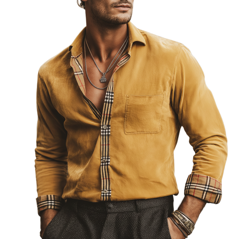 Men's Classic Faux Suede Patchwork Plaid Long-sleeved Shirt MTZ0678A4U