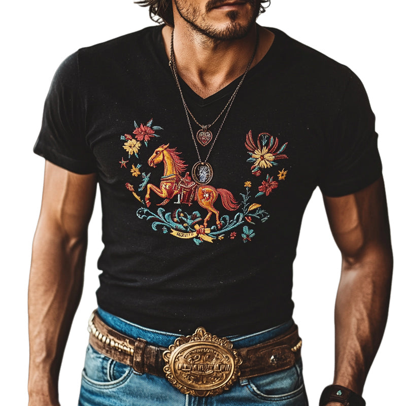 Men's Western Cowboy Style Embroidered Short Sleeve T-Shirt MTA2049E7X