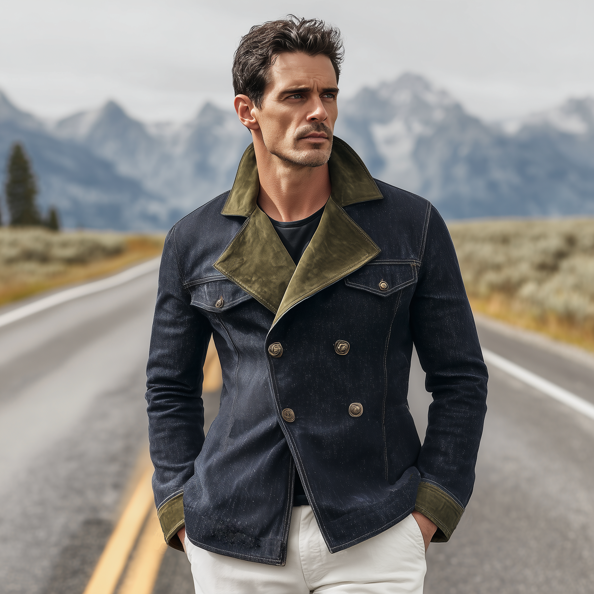 Men's Classic Western Vintage Suede Lapel Double Breasted Denim Jacket MTA0342I0K