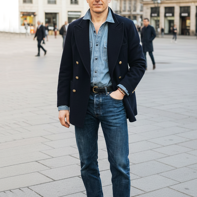 Men's Classic Navy Blue Double-breasted Short Coat MTA2481I2U