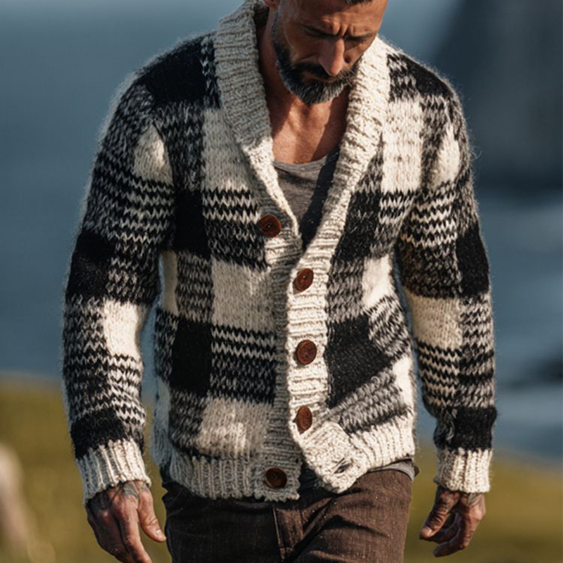 Men's Casual Plaid Jacquard Collared Knit Cardigan MTA1967K2X