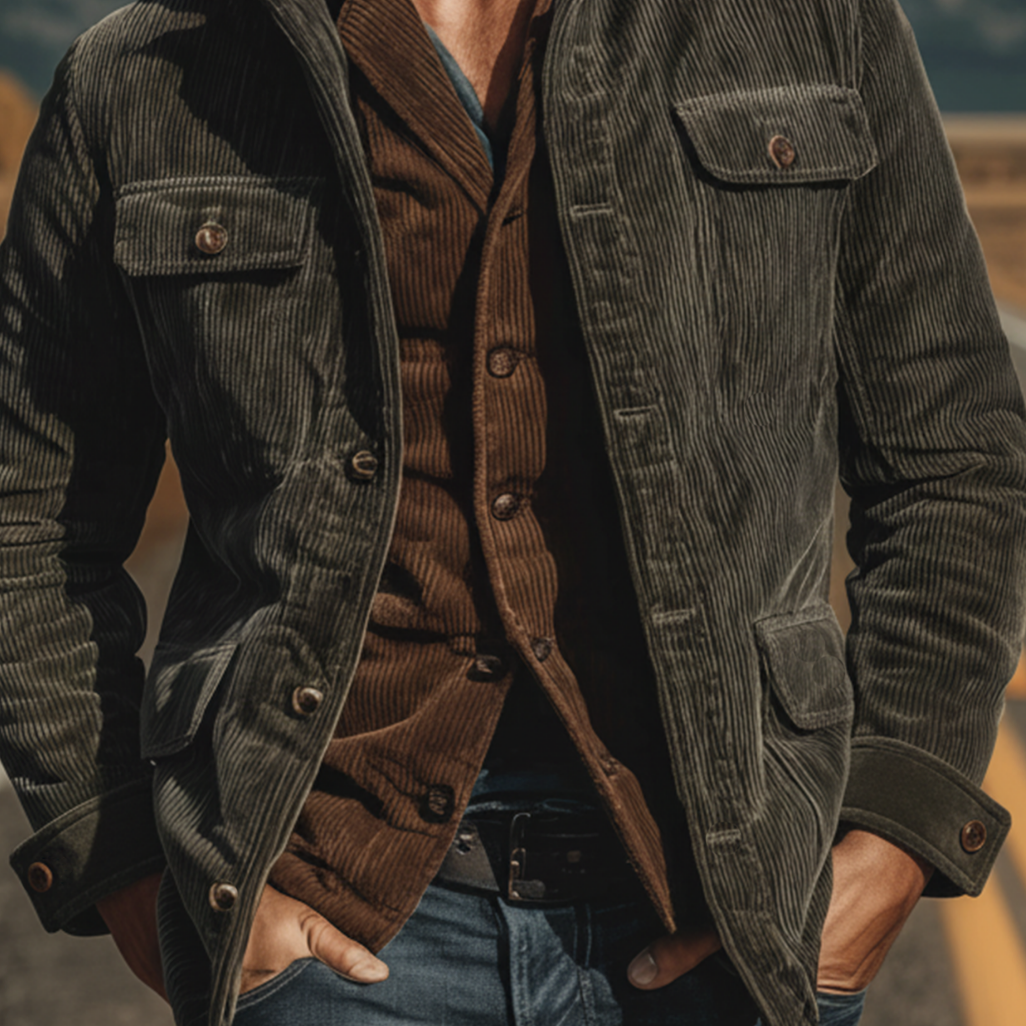 Men's Classic Retro Western Style Stand-up Collar Corduroy Jacket MTA2501K1K