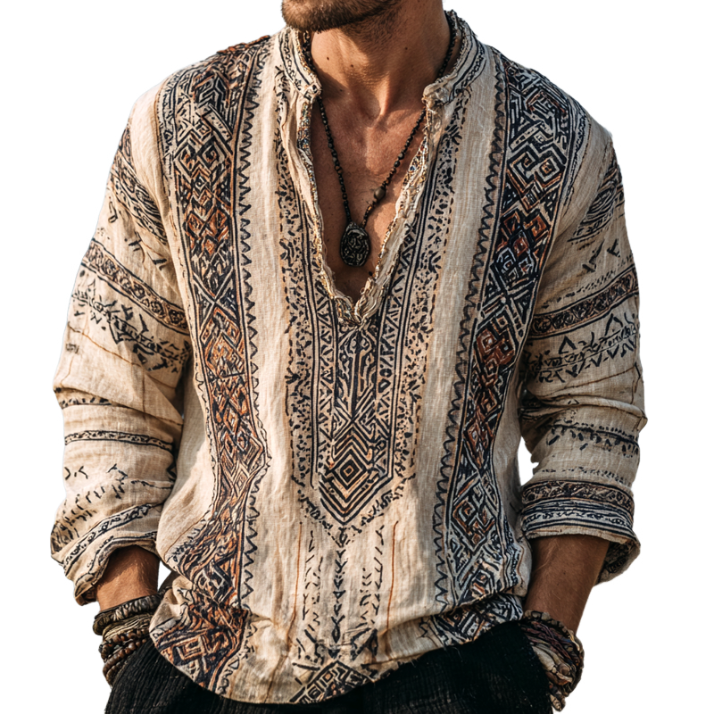 Men's Aztec Patterns V Neck Long Sleeve Shirt MTA1108H7Z