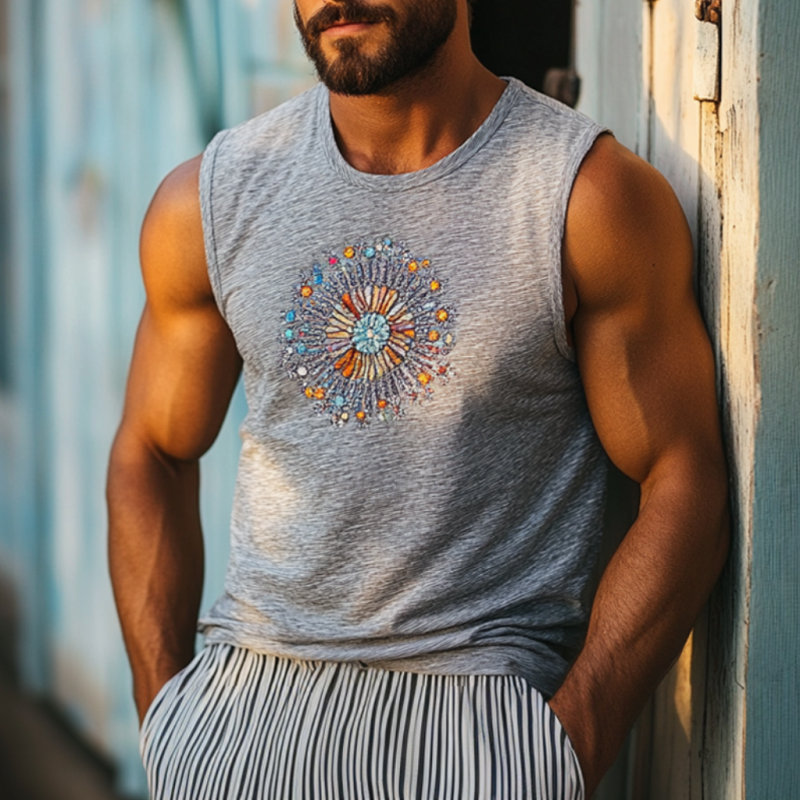 Men's Bohemian Embroidered Breathable Bamboo Cotton Round Neck Slim Fit Tank Top MTA2918E1M