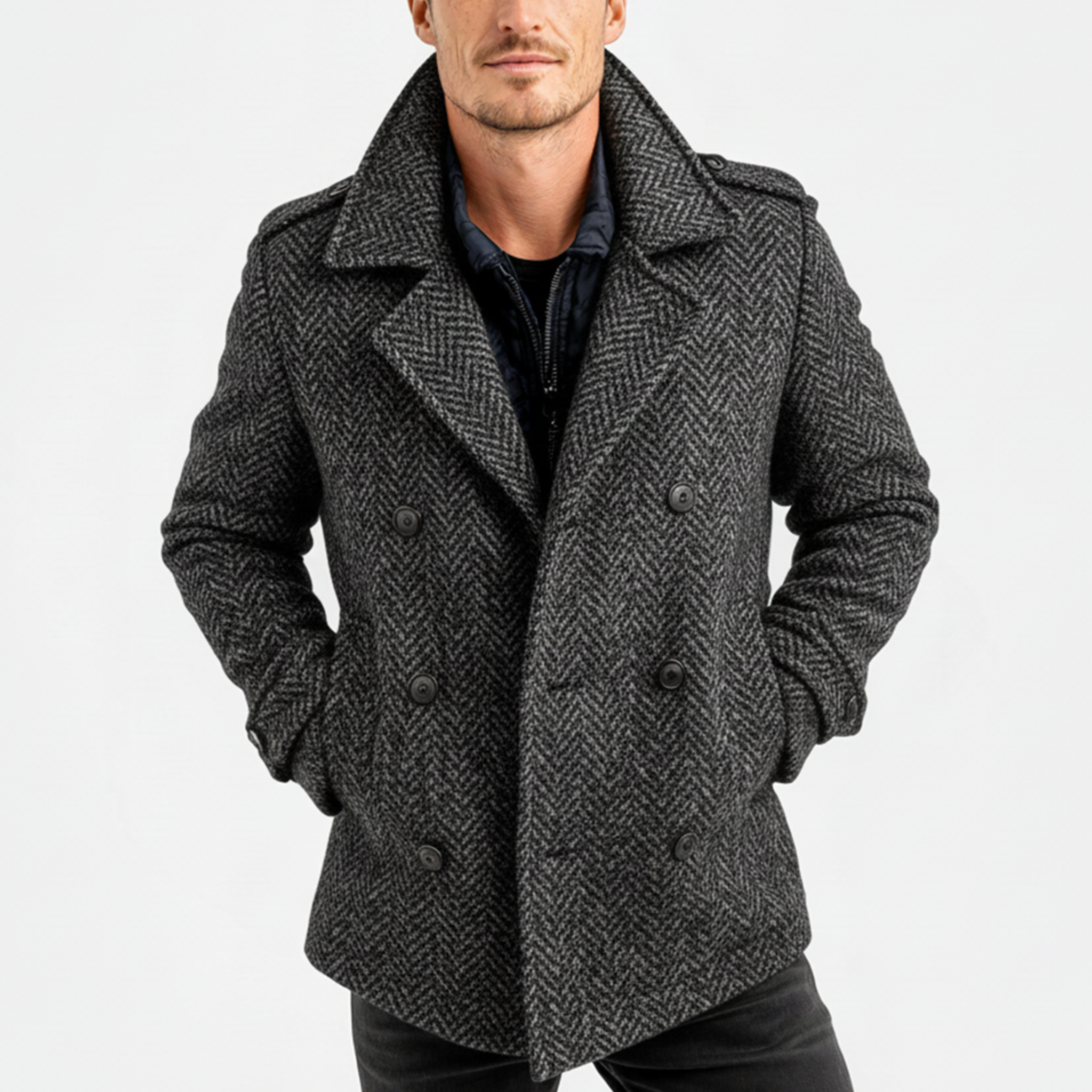 Men's Classic Light Business Lapel Double-breasted Faux Herringbone Wool Coat MTA3060I6K