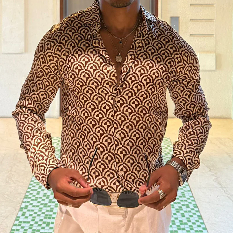 Men's Classic Retro Satin Geometric Print Long Sleeve Shirt MTA1410G9K
