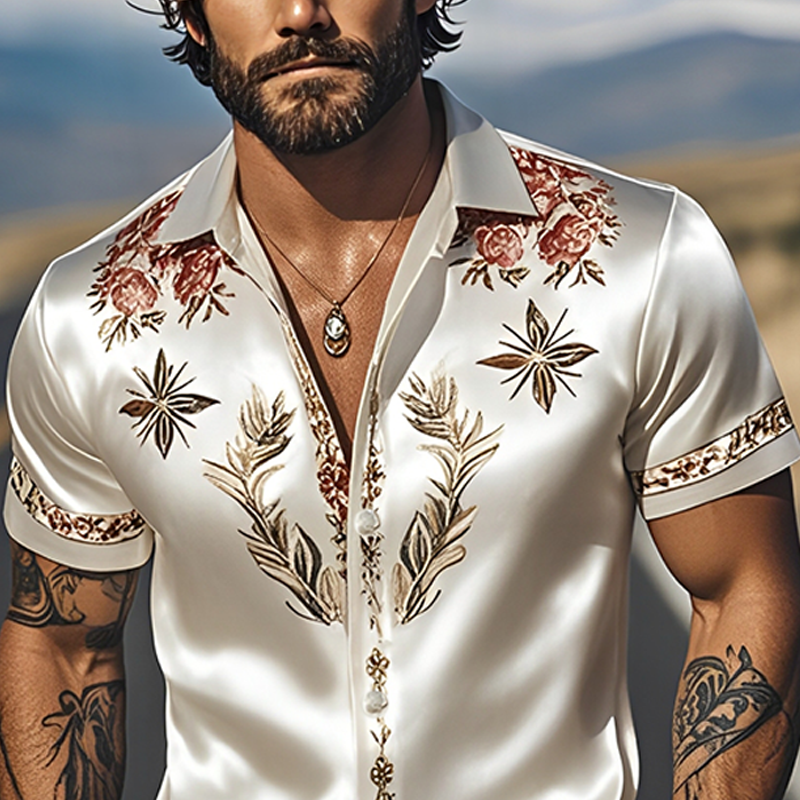 Men's Spring And Summer Fashion Casual Western Cowboy Style Satin Champagne Gold Print Short Sleeve Shirt MTA1644E0K