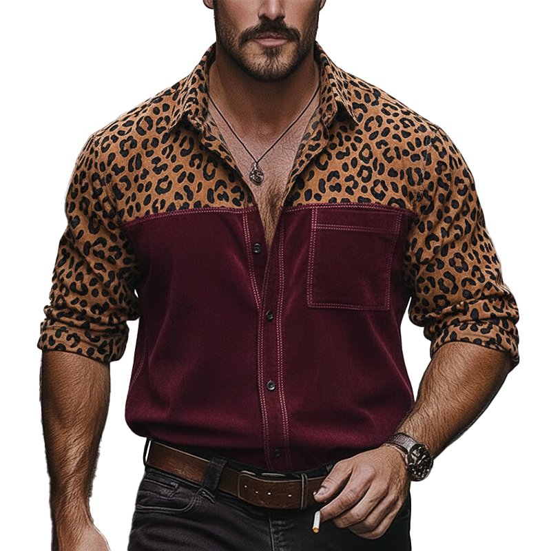 Men's Vintage Leopard Print Faux Suede Button-down Long-sleeved Shirt MTA2339L4P