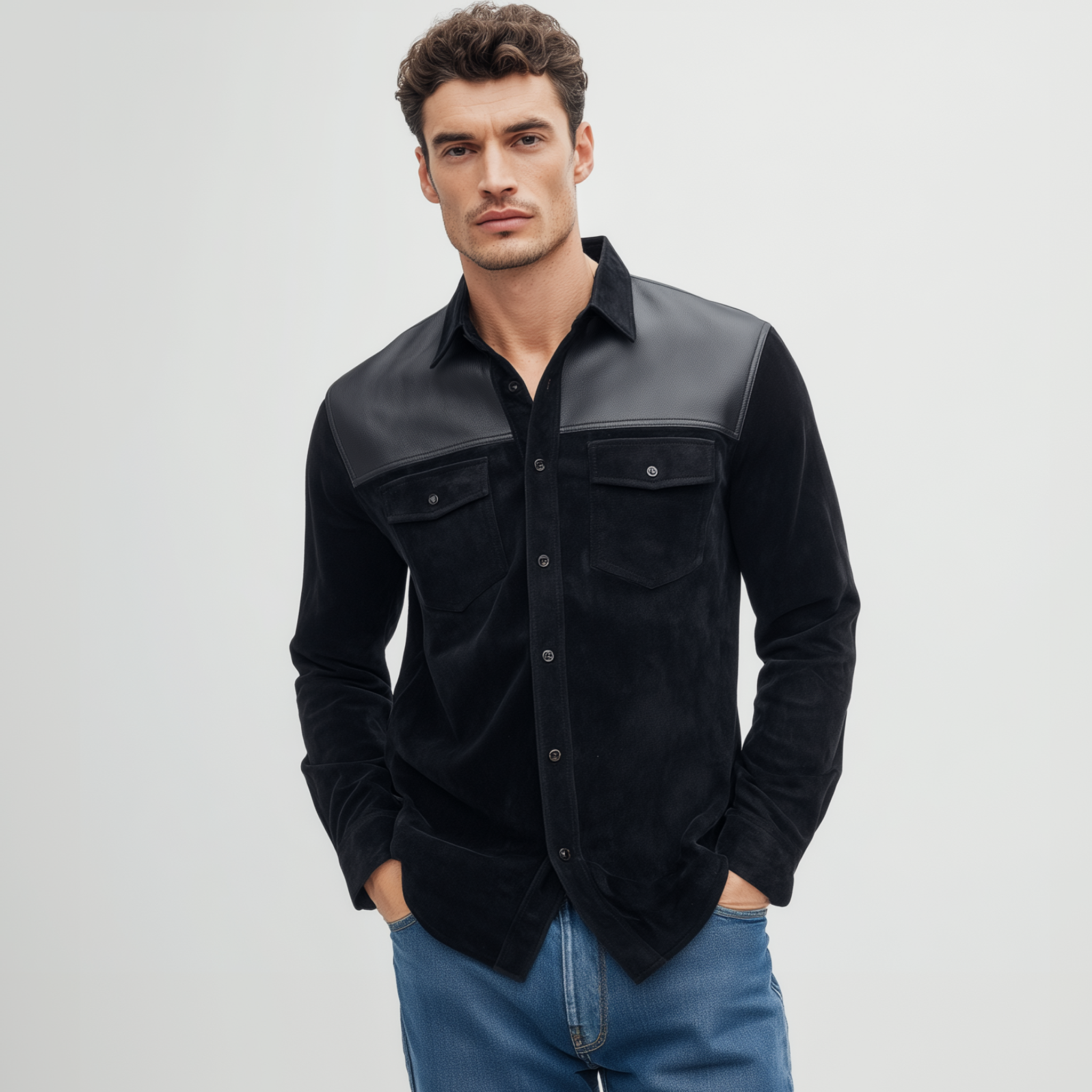 Men's Classic Casual Shoulder Stitching PU Leather Lapel Suede Long-sleeved Shirt MTA0552H7K