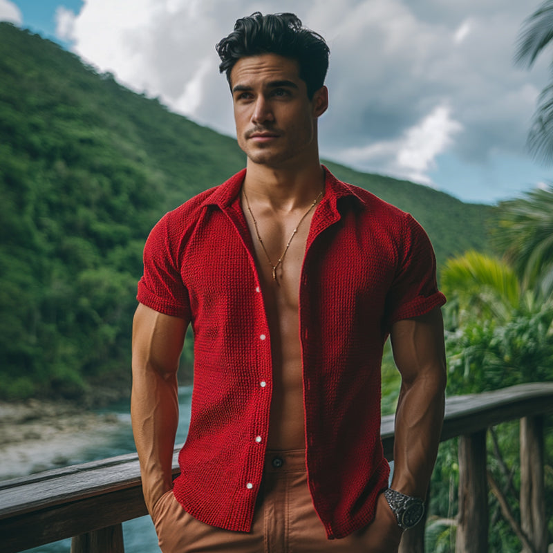 Men's Retro Casual Solid Color Lapel Short Sleeve Shirt MTA2094E2TO