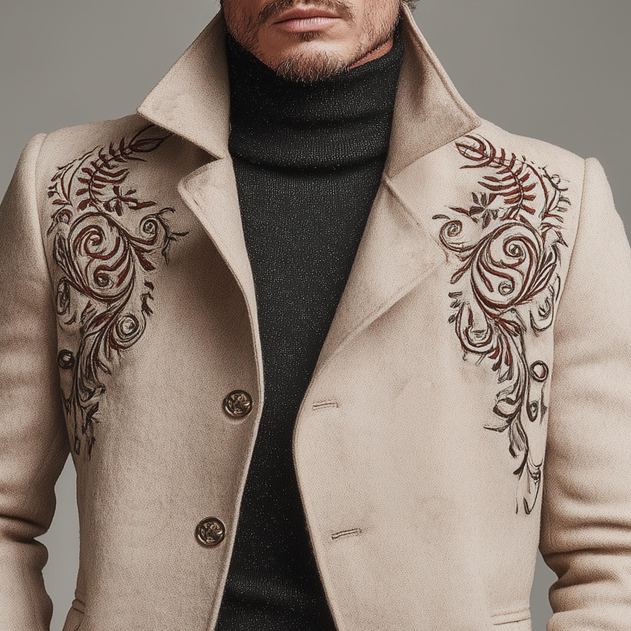 Men's Classic Retro Lapel Embroidered Faux Wool Slim-fit Jacket MTA0660K7K