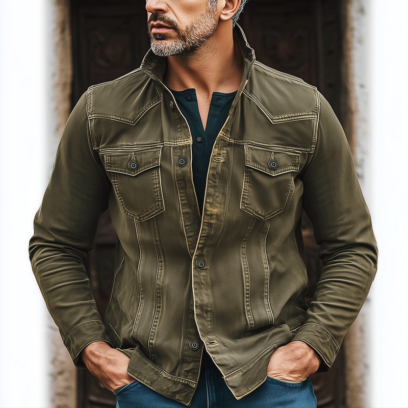 Men's Classic Faded Stand Collar Denim Jacket MTA0178I3U