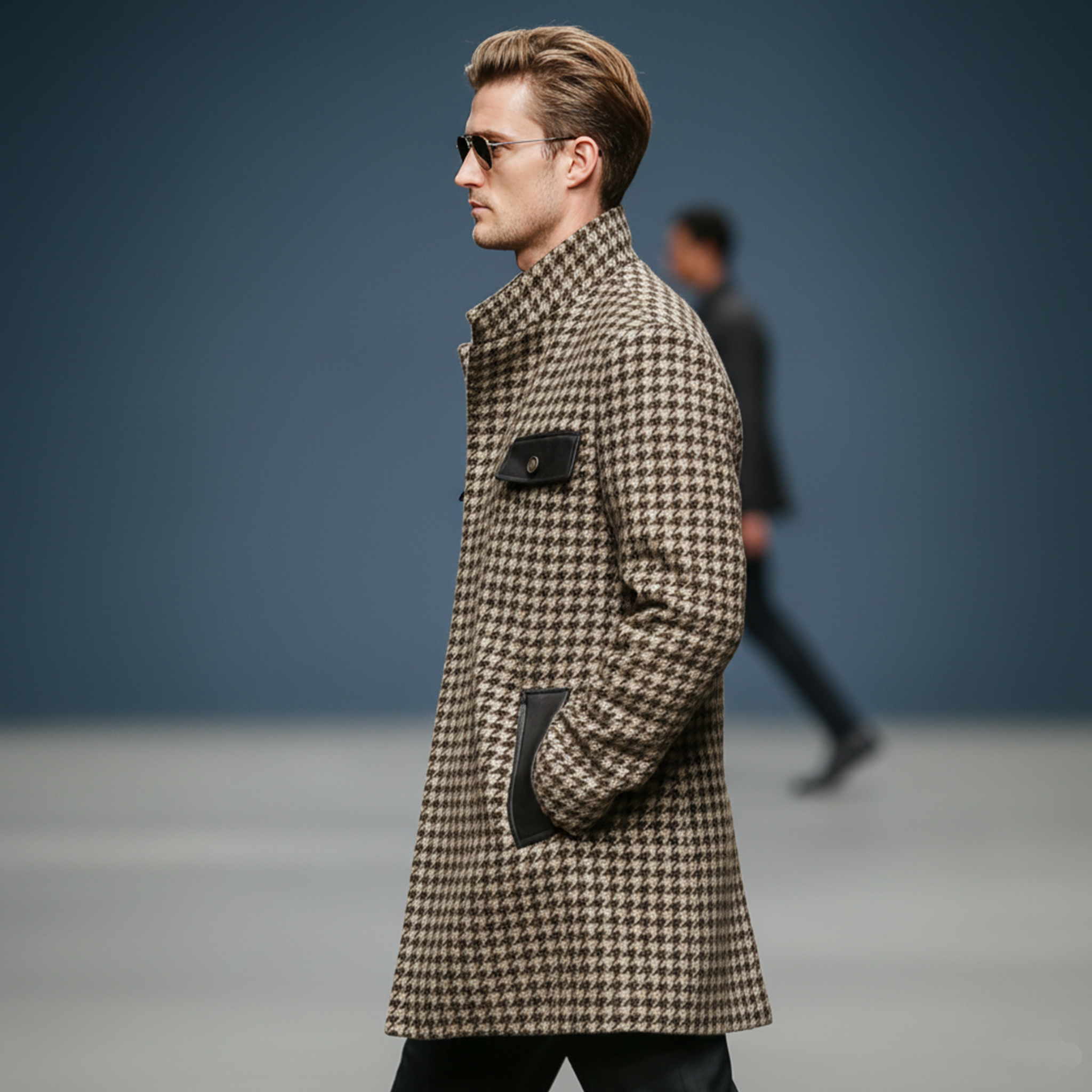 Men's Classic Retro Pocket Stitching PU Leather Stand Collar Faux Houndstooth Wool Coat MTA1199J8K