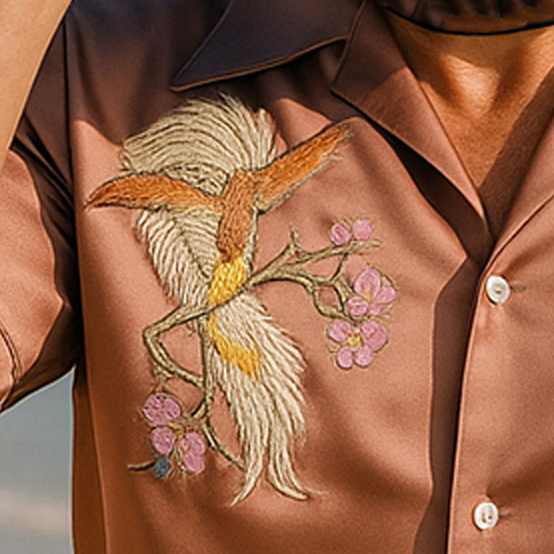 Men's Summer Fashion Satin Flower And Bird Embroidery Short Sleeve Shirt MTA2833E8P