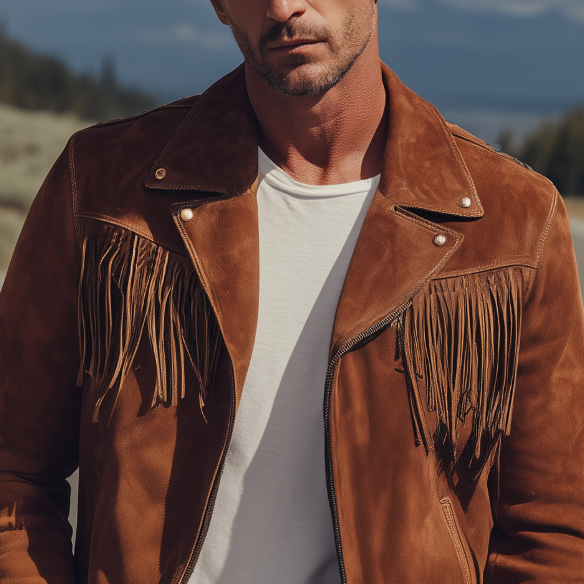 Men's Classic Retro Western Cowboy Style Suede Tassel Lapel Zipper Jacket MTA0507H0K