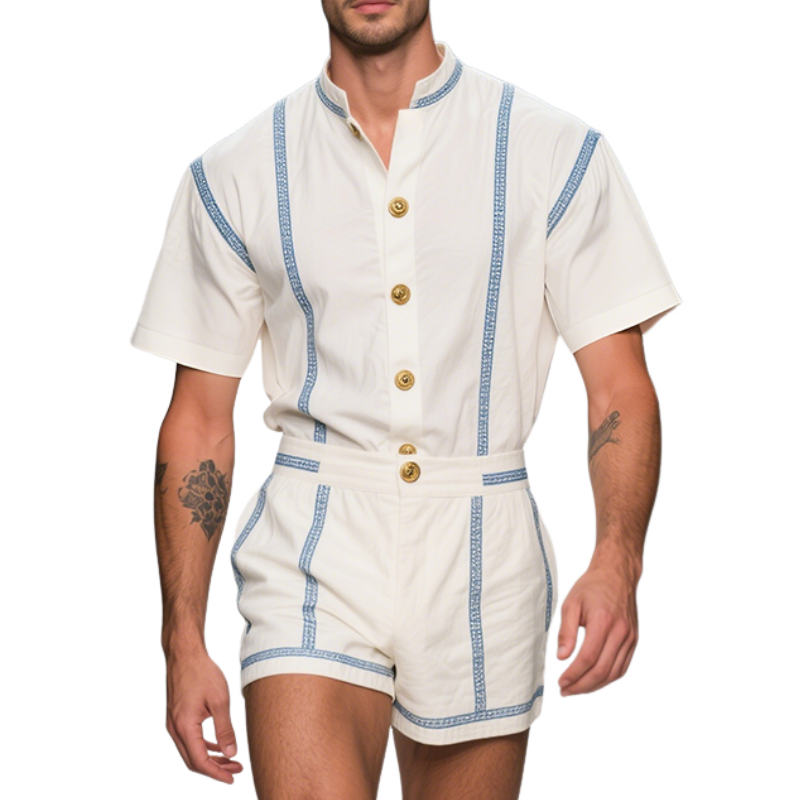 Men's Retro Casual Striped Printed Linen Short Sleeve Shirt Shorts Two-Piece Set MTA2931E2TO