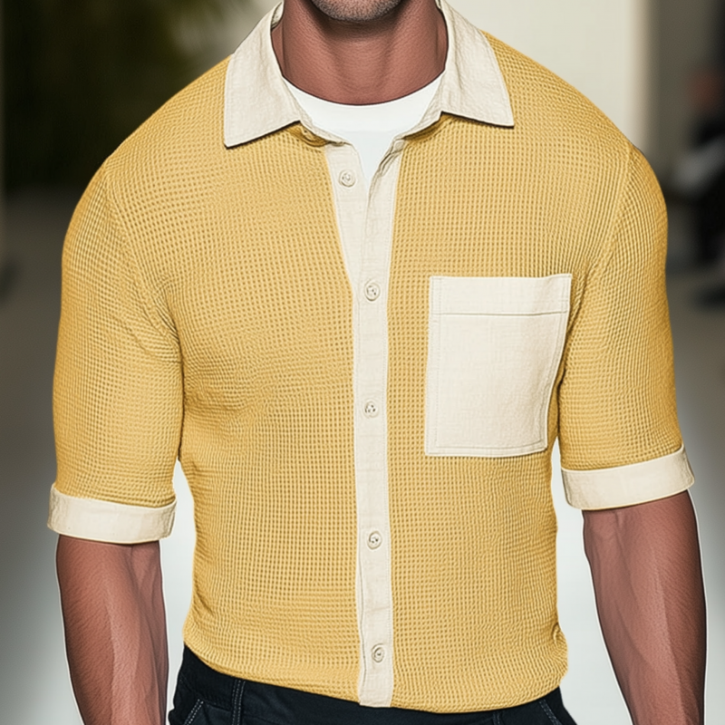 Men's Casual Waffle Contrast Color Patchwork Lapel Patch Pocket Slim Fit Mid-length Sleeve Shirt MTA1538G8M