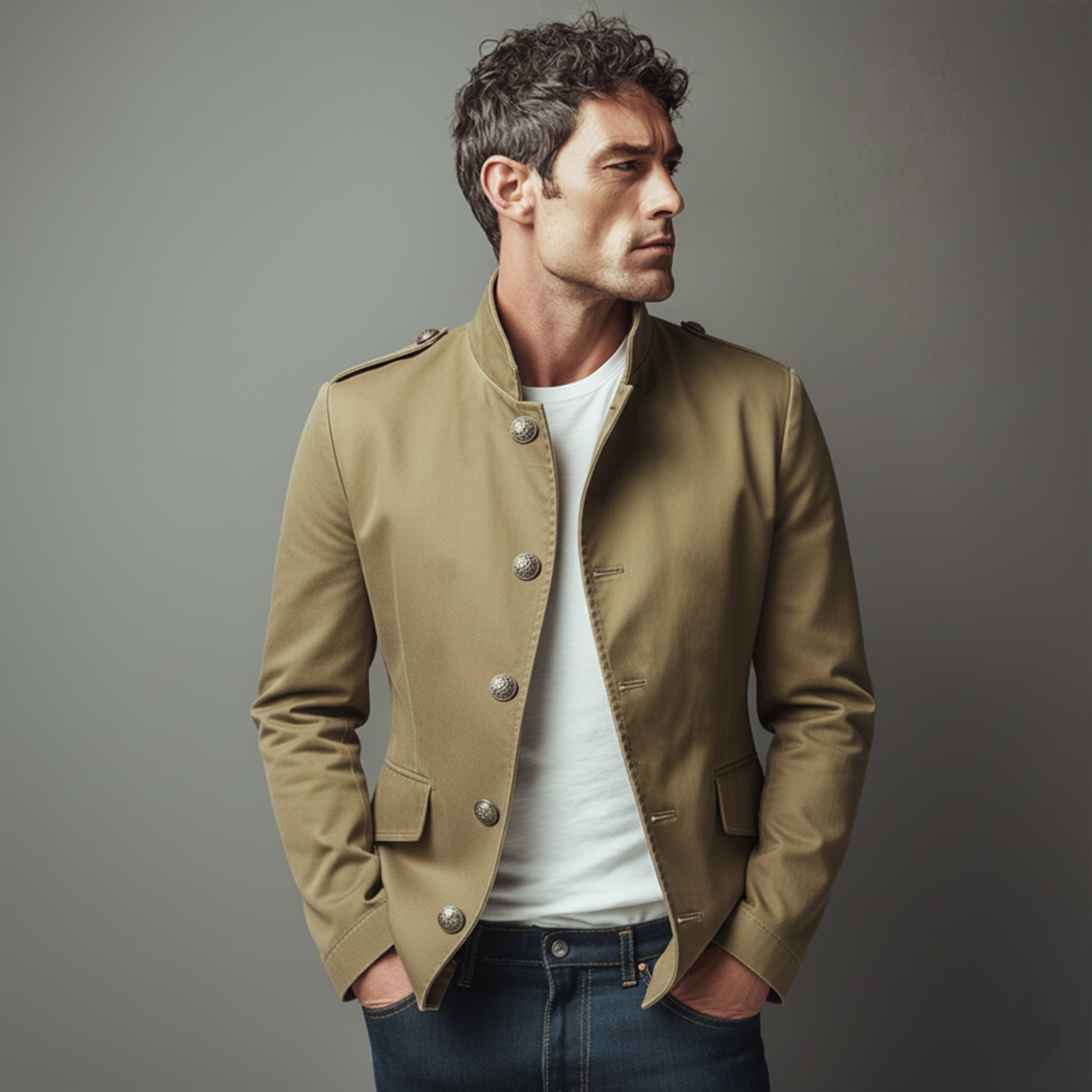 Men's Classic Stand Collar Cotton Blend Single Breasted Slim Fit Jacket MTA2453J7K