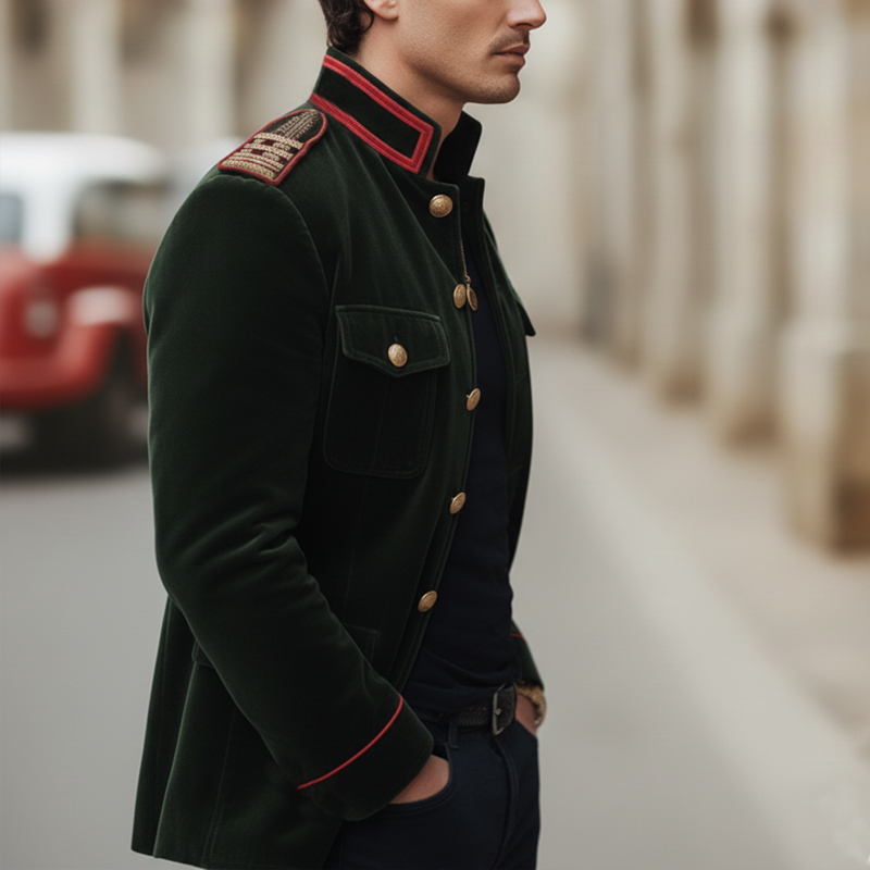 Men's Classic Army Green Stand-collar Velvet Embroidered Jacket MTA0503L4U