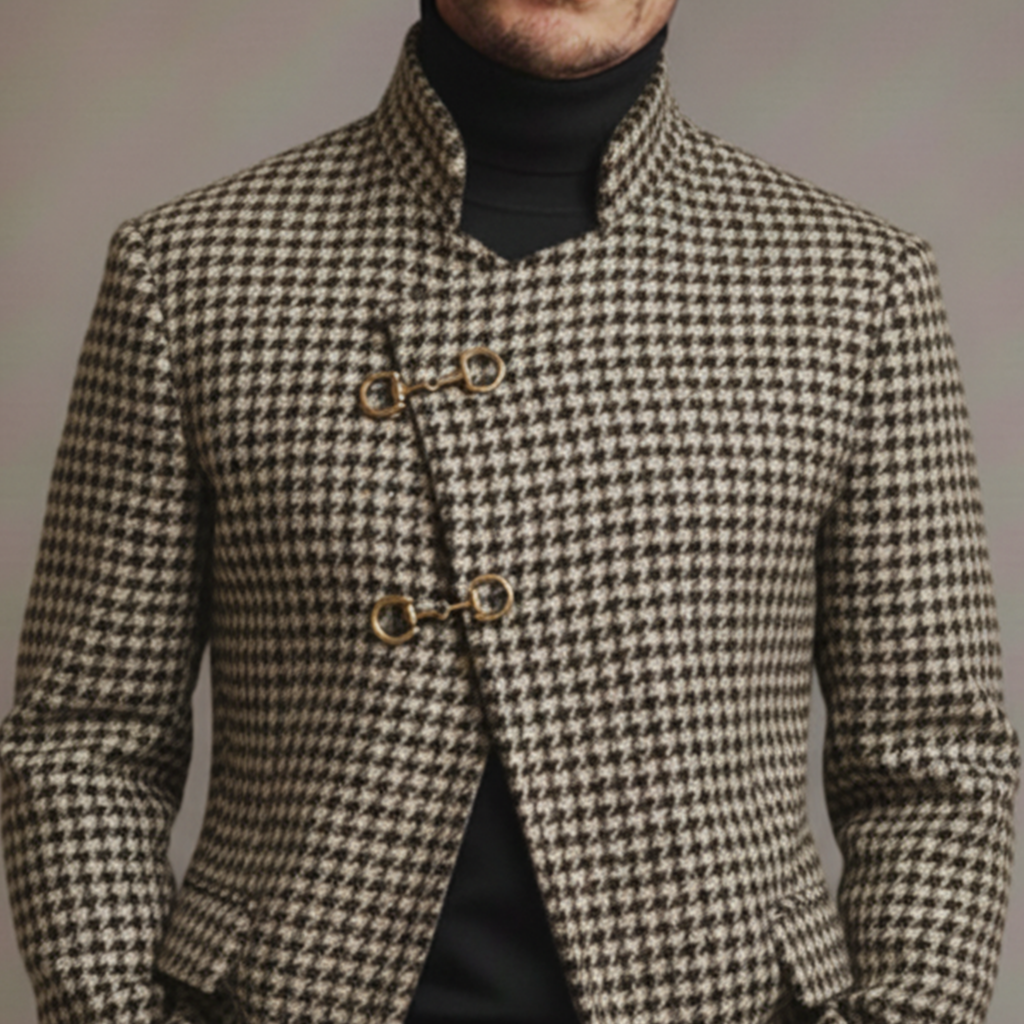 Men's Classic Retro Stand-up Collar Slanted Placket Metal Button Faux Houndstooth Wool Jacket MTA0876K0K