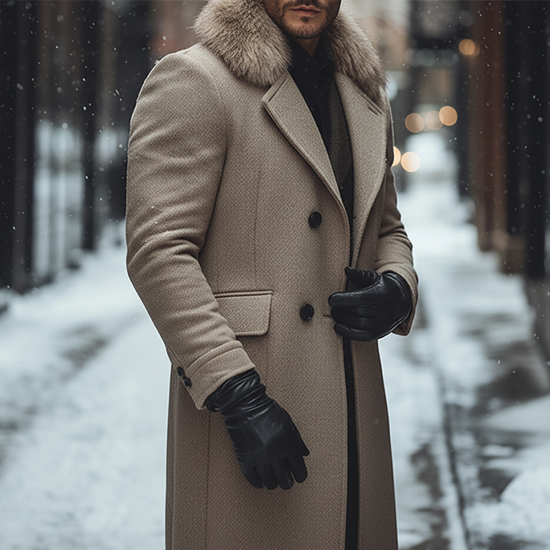 Men's Winter Retro Faux Wool Faux Fur Collar Button Long Coat MTA2793K8P