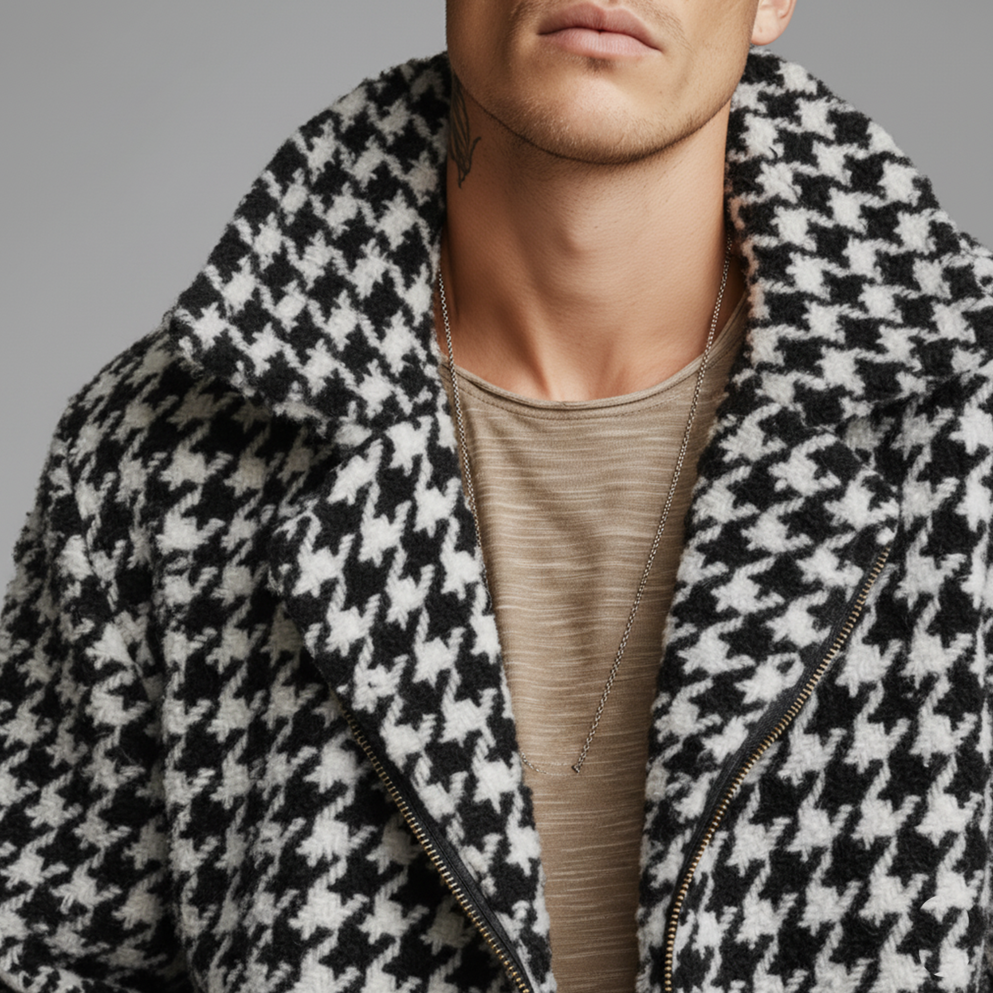 Men's Classic Casual Lapel Zipper Houndstooth Faux Sherpa Jacket MTA2063J0K