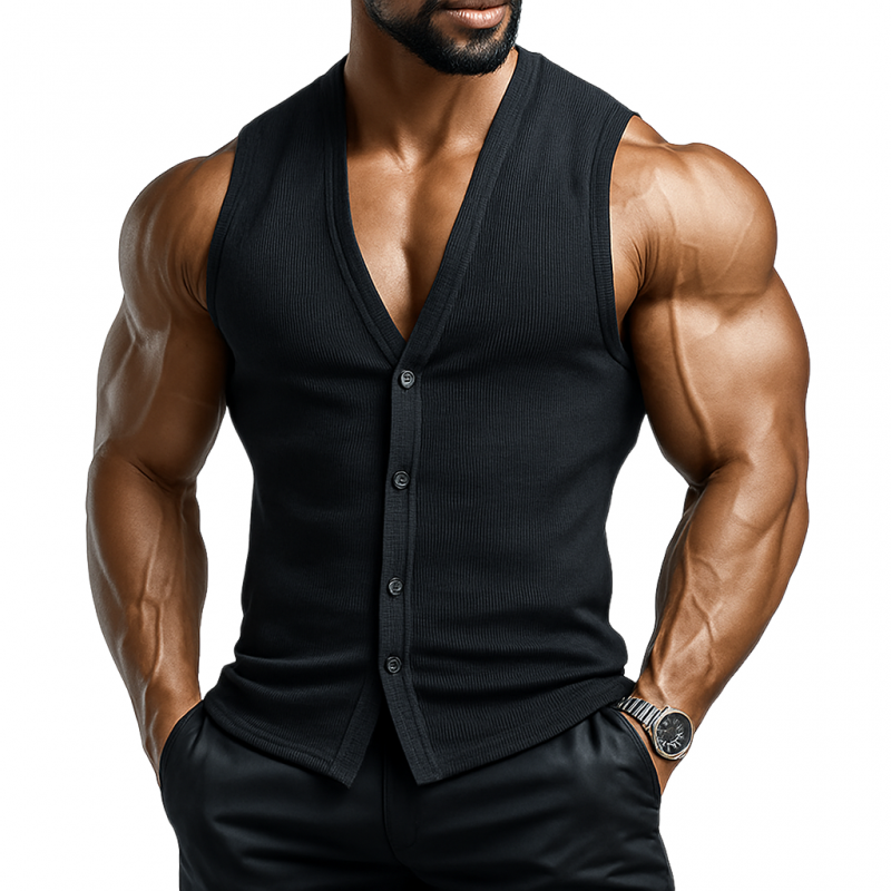 Men's Casual Cotton Blended Ribbed V-Neck Single-Breasted Slim Fit Tank Top MTA1387E5M