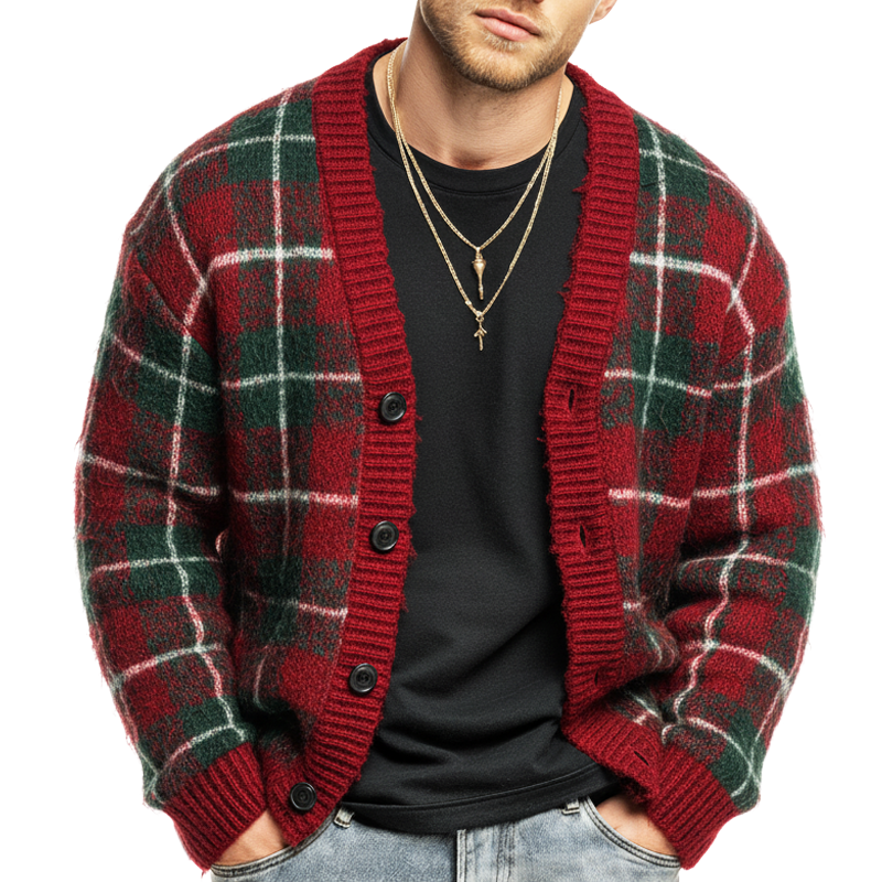 Men's Christmas Color-Blocked Plaid Knit Cardigan MTA1176K9U