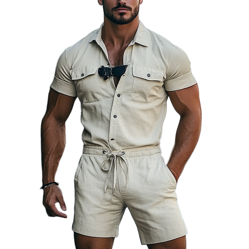 Men's Fashion Lapel Short Sleeve Single Breasted Multi-Pocket Drawstring Shorts Jumpsuit MTA2315F8Y