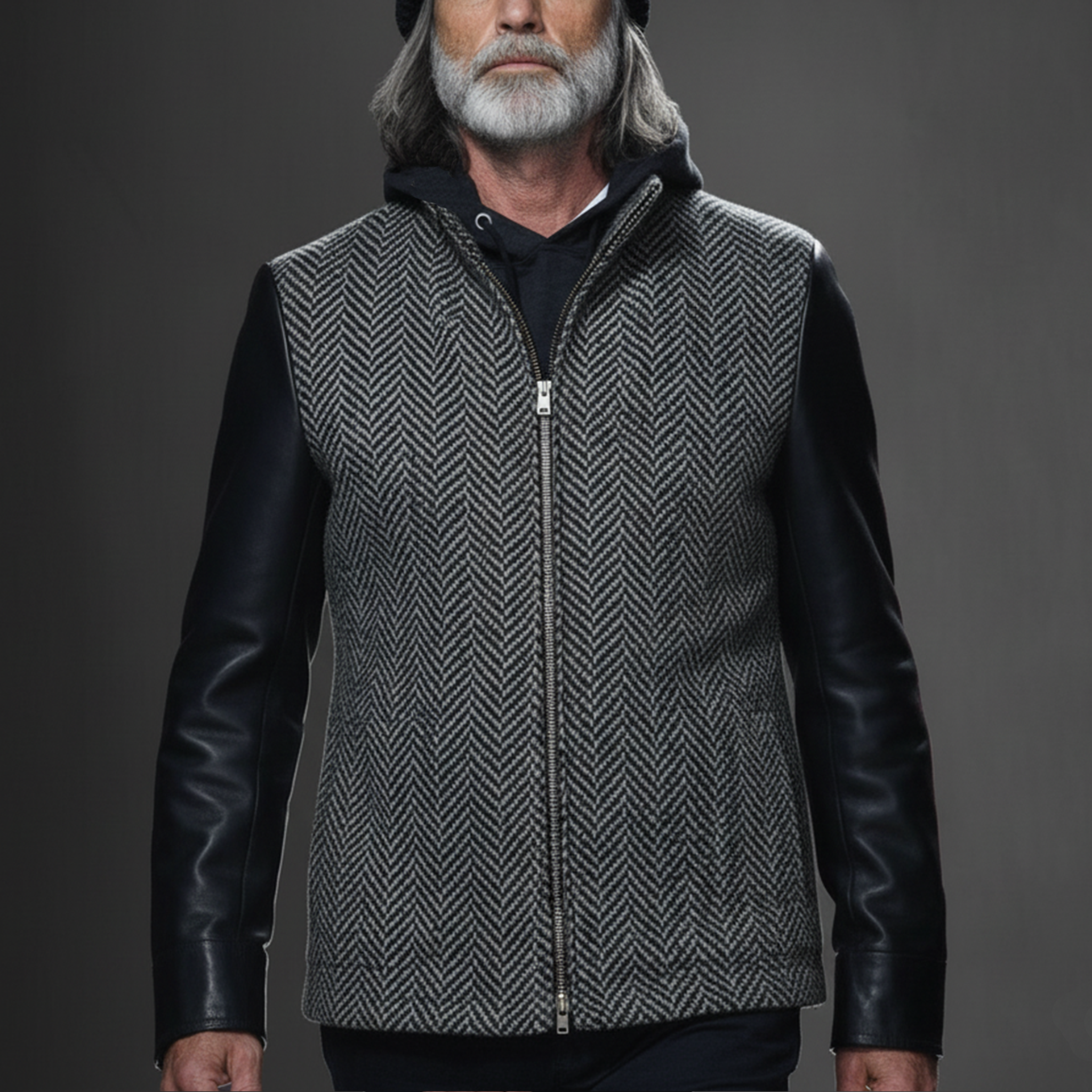Men's Classic Retro Sleeves Stitching PU Leather Stand Collar Faux Herringbone Woolen Jacket MTA2858I3K
