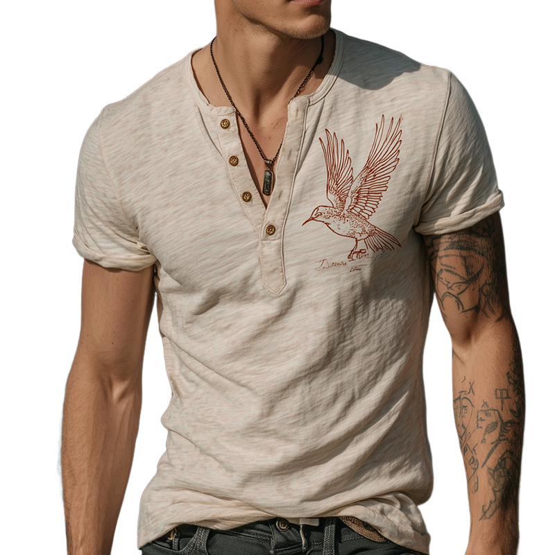 Men's Vintage Casual Cotton Hummingbird Print Henley Short Sleeve T-Shirt MTA1821G7TO