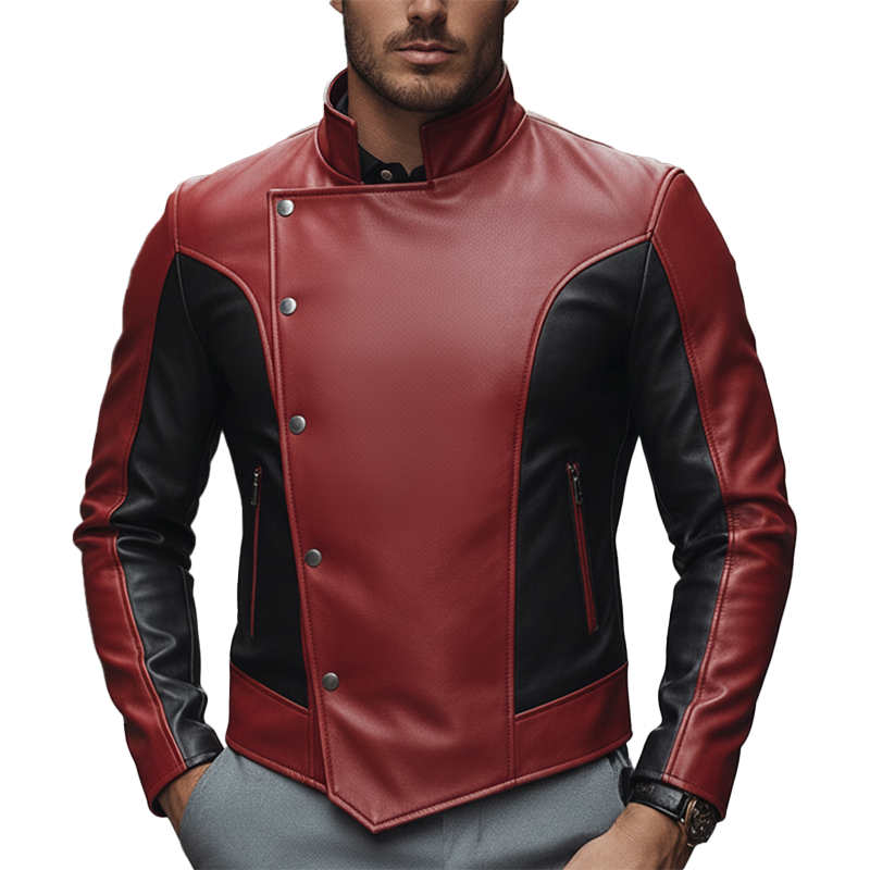 Men's Winter Retro Color Block PU Faux Leather Button Jacket MTA1045L2P