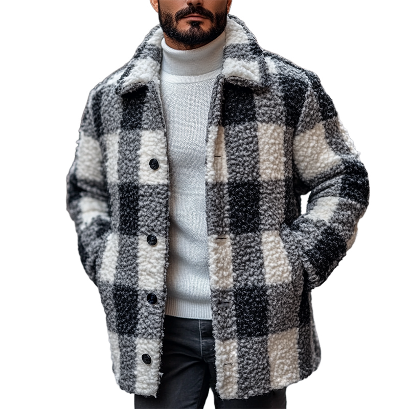 Men's Retro Casual Plaid Fleece Lapel Jacket MTA1821K5TO