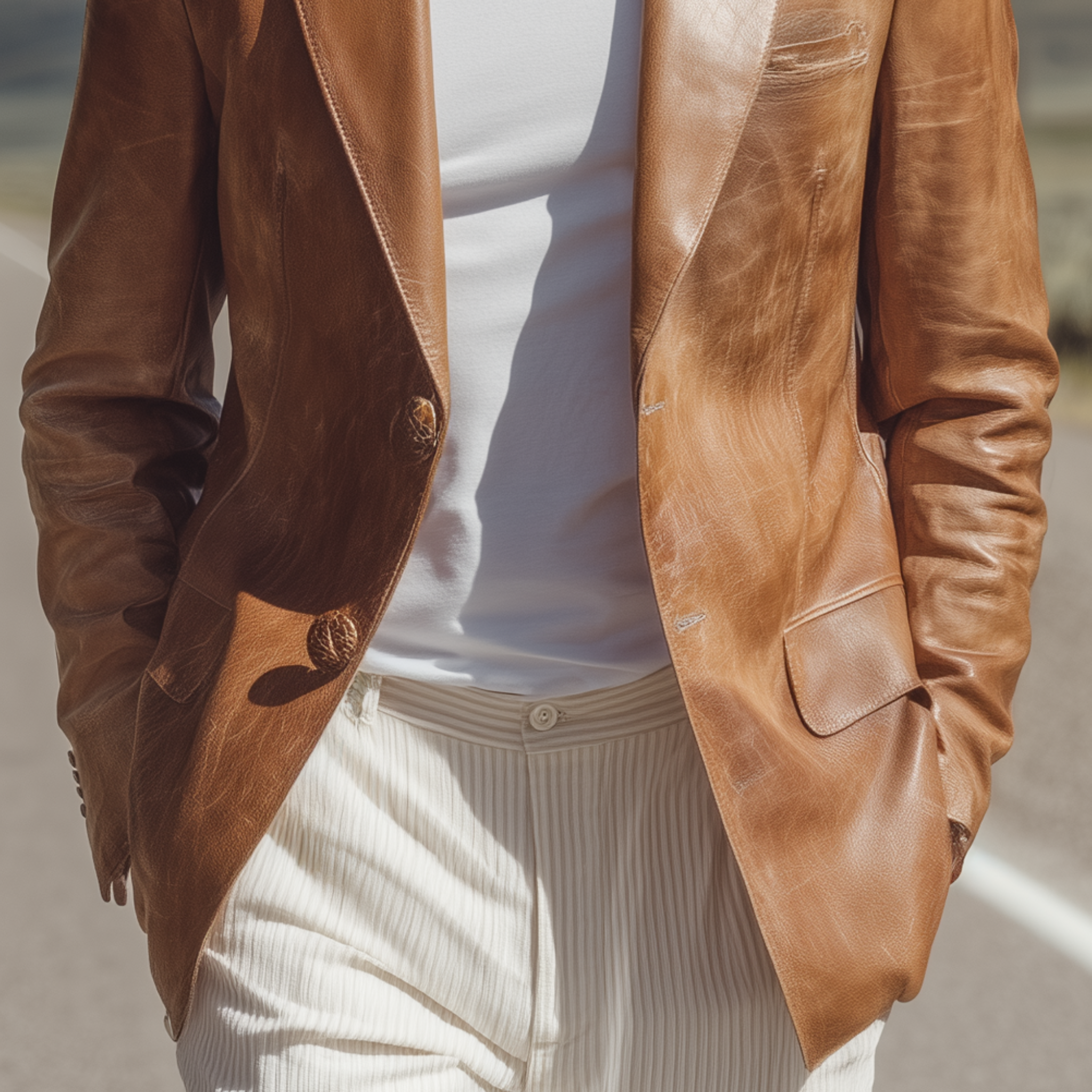 Men's Fashion Retro Textured Leather Single-breasted Slim-fit Blazer MTA0458H1K