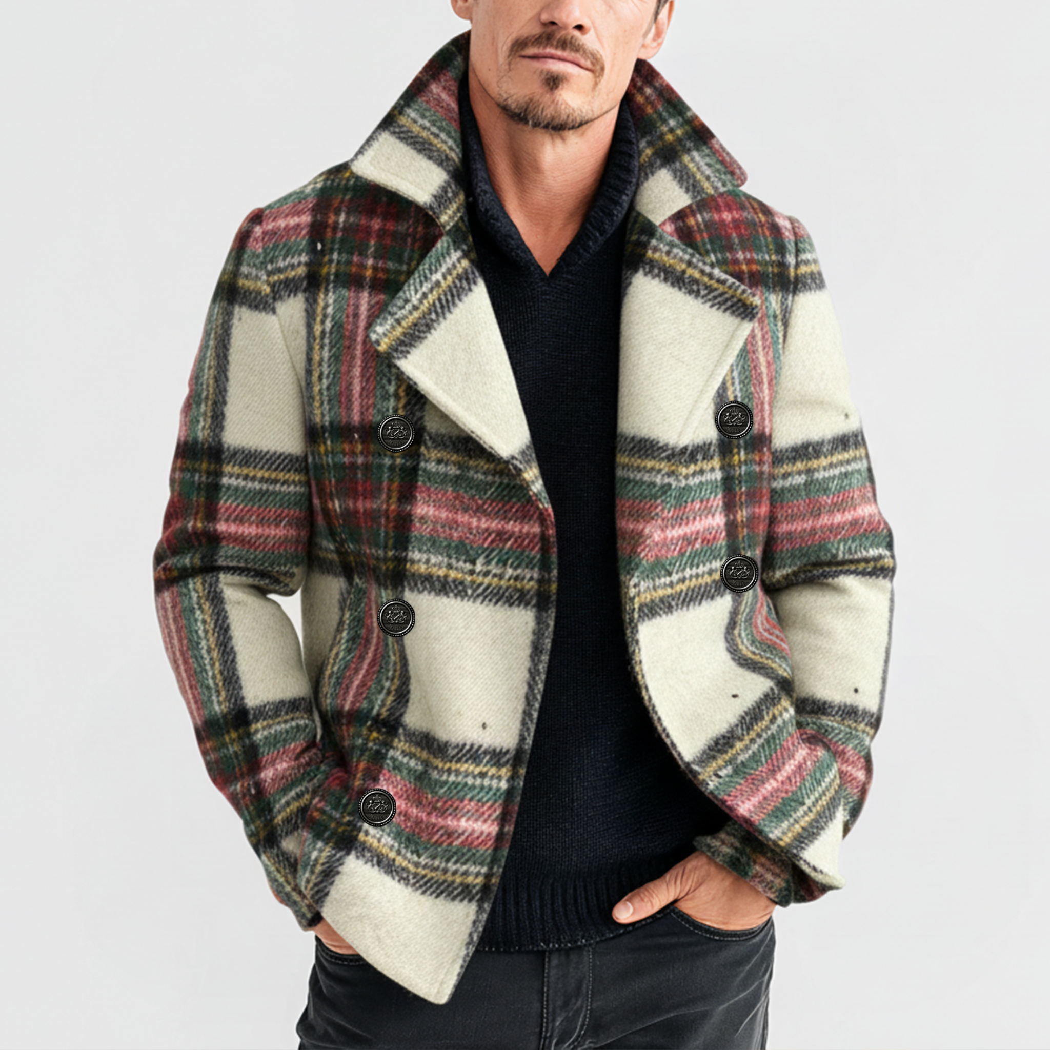 Men's Classic Lapel Christmas Party Plaid Wool Double Breasted Jacket MTA3025I3K