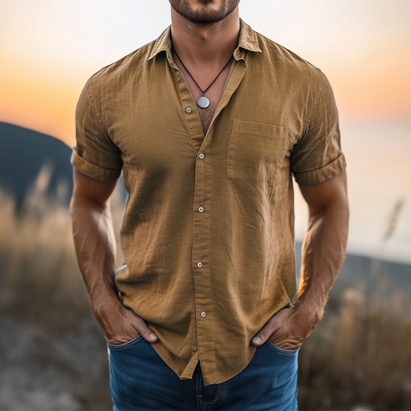 Men's Basic Solid Color Cotton And Linen Short Sleeve Shirt MTA2543G7U