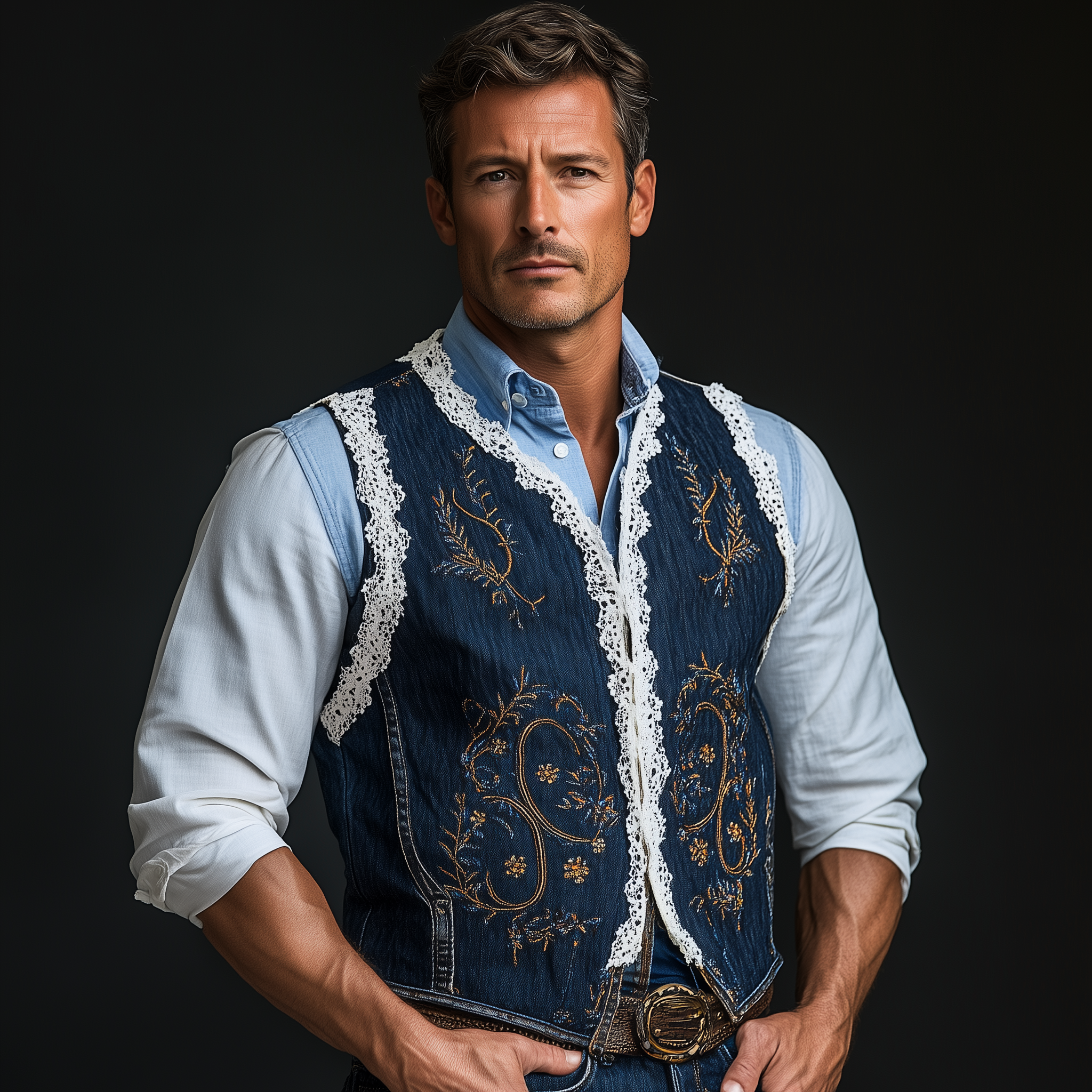 Men's Summer Fashion Embroidered Lace Decorated Washed Denim Vest MTA2392F4P