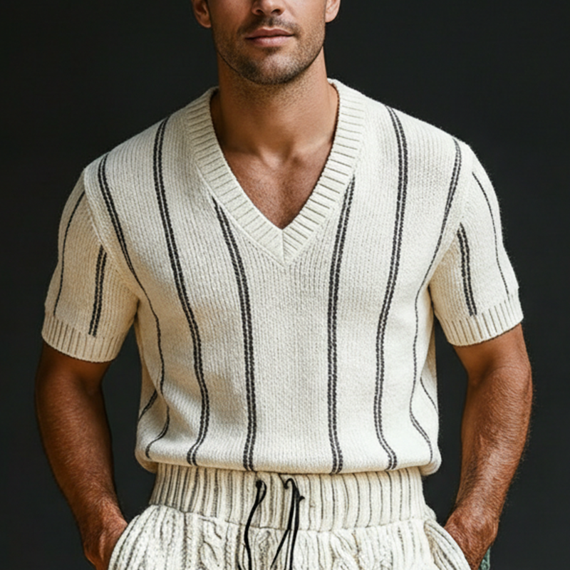 Men's Spring Fashion Vertical Striped Cotton Yarn Knitted Short-Sleeve Sweater MTZ2224A9P