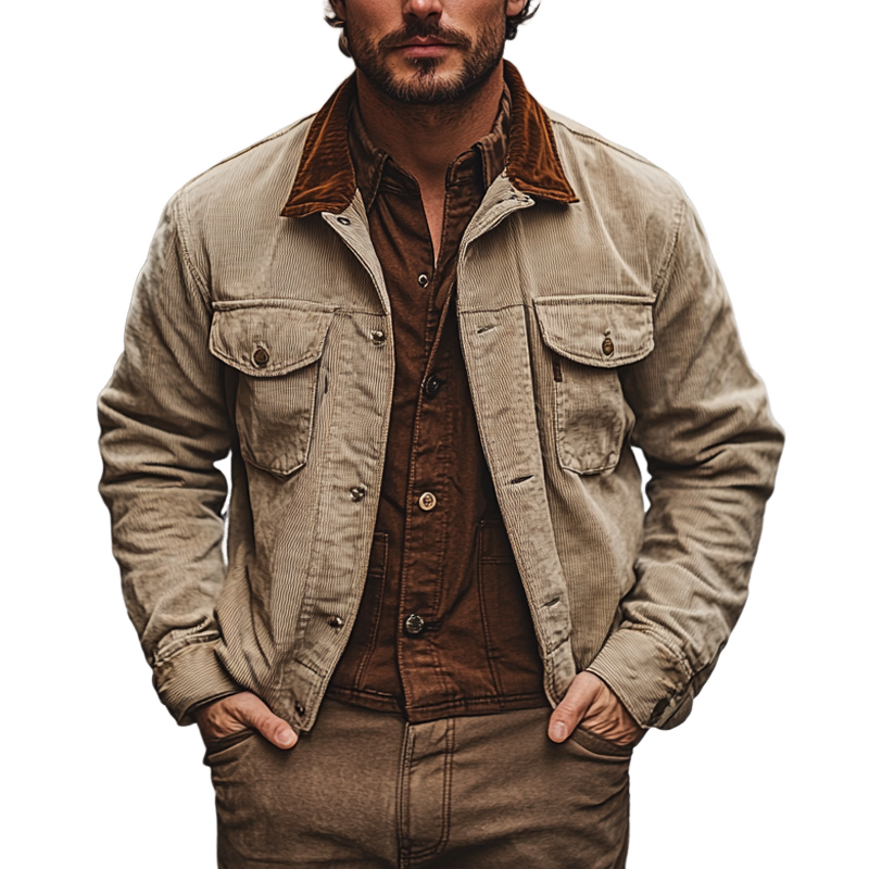 Men's Vintage Corduroy Lapel Colorblock Single-Breasted Jacket MTA2252I6X